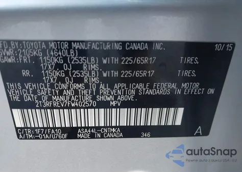 2015 Toyota Rav4 Xle from USA, damaged, VIN 2T3RFREV7FW402570